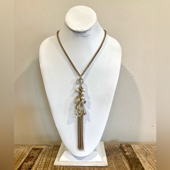 White House Black Market Jewelry - WHBM Gold Tone Tassel and Chain Necklace Faux Crystals Faux Pearls Long